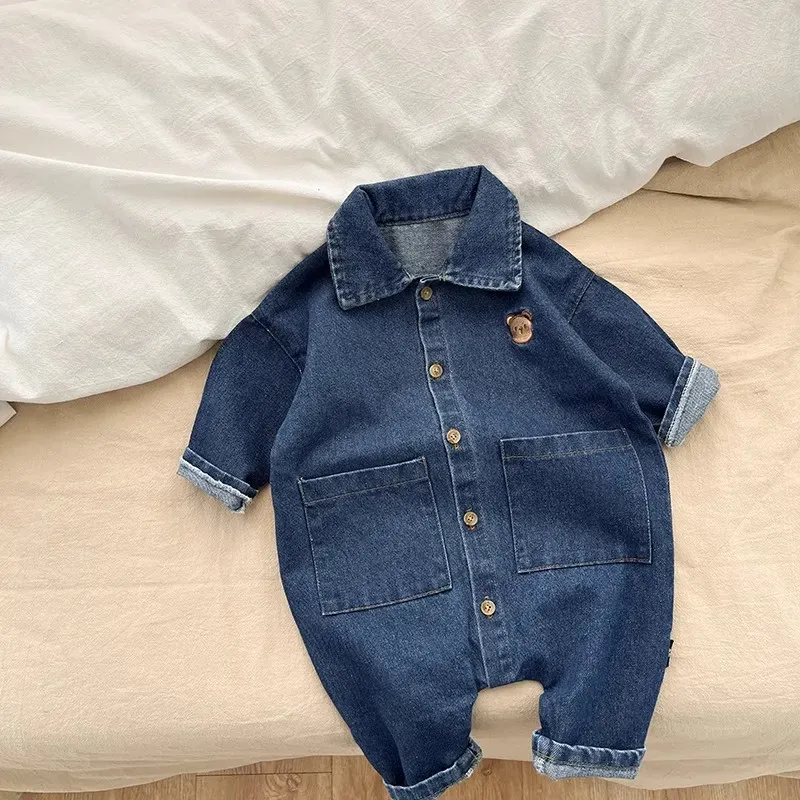 Wholesale Baby Girls Boys Bear Embroidery Short Sleevv Denim Rompers - Image 3