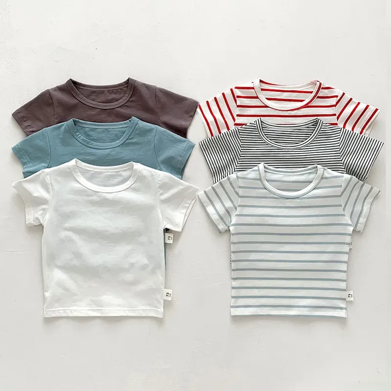 Wholesale Kids Baby Fashion Casual Solid Color Stripe Cotton Round Neck Short-Sleeve T-Shirt