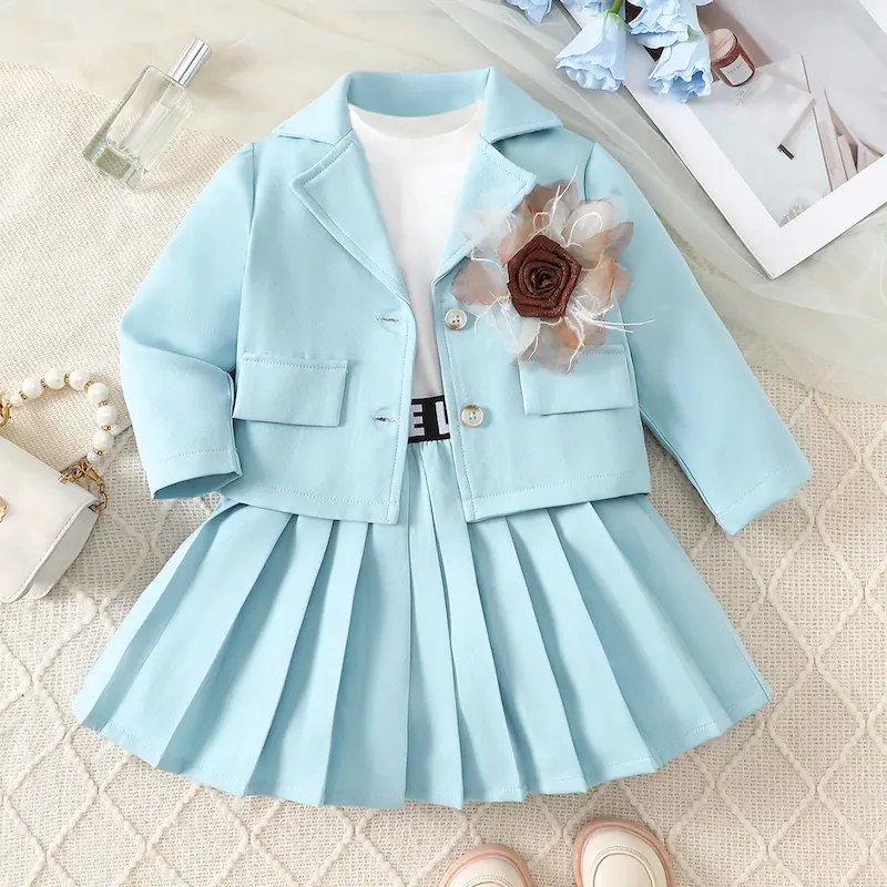 Wholesale Kids Girls Fashion Casual Flower Lapel Long-Sleeve Cardigan Vest Pleated Skirt Three-Piece Set