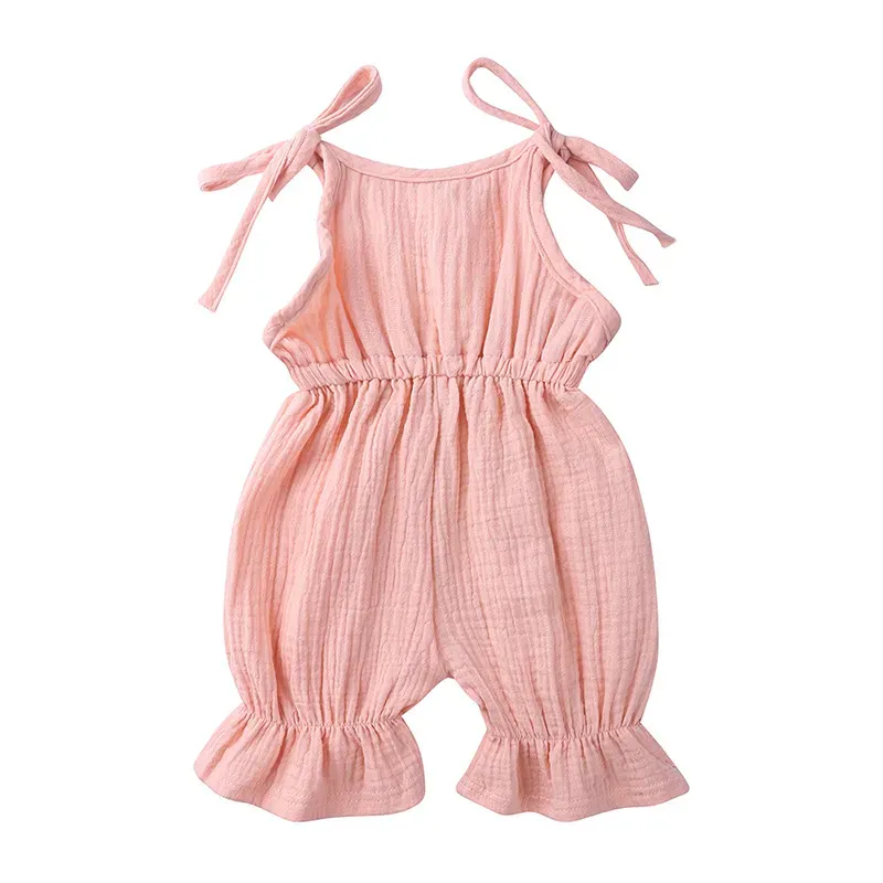 Wholesale Baby Girls Crease Solid Color Lace-up Romper - Image 24