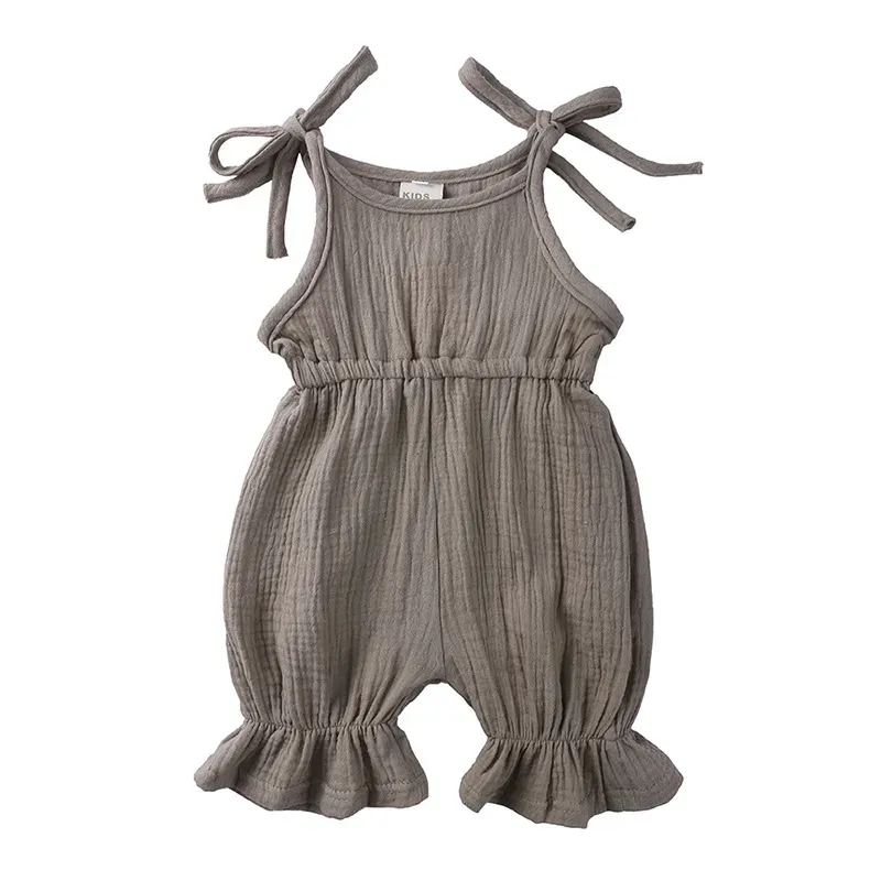 Wholesale Baby Girls Crease Solid Color Lace-up Romper - Image 16