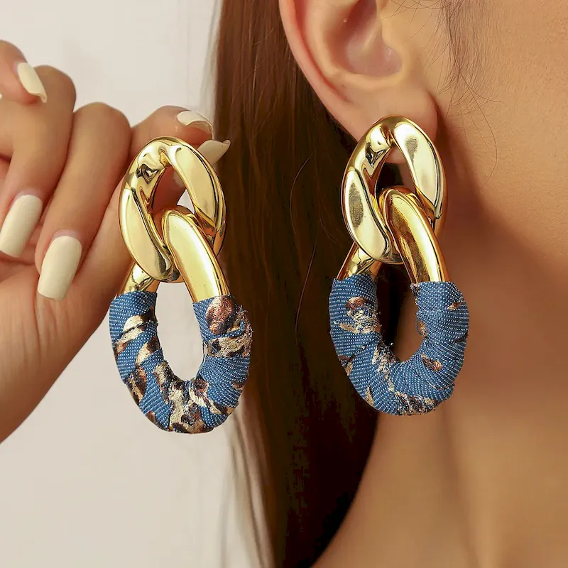 Wholesale Women Fashion Exaggerated Pleated Oval Faux Leather Wrap Denim Earrings - Image 14