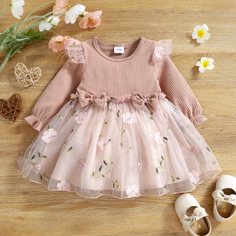 Wholesale Kids Baby Girls Fashion Cute Mesh Embroidered Bowknot Long Sleeve Dress