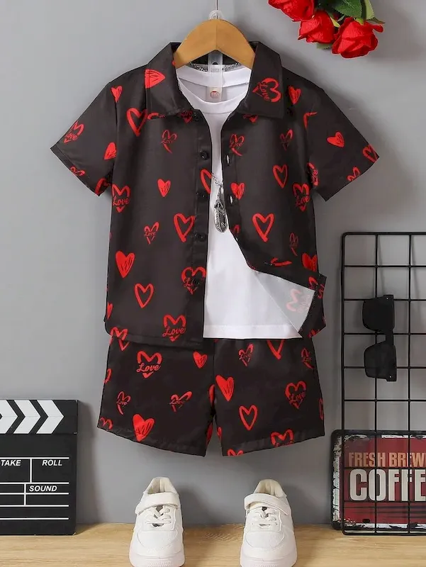 Wholesale Boys' Fashion Heart Print Short Sleeve Shirt And Shorts Two-Piece Set - Image 10