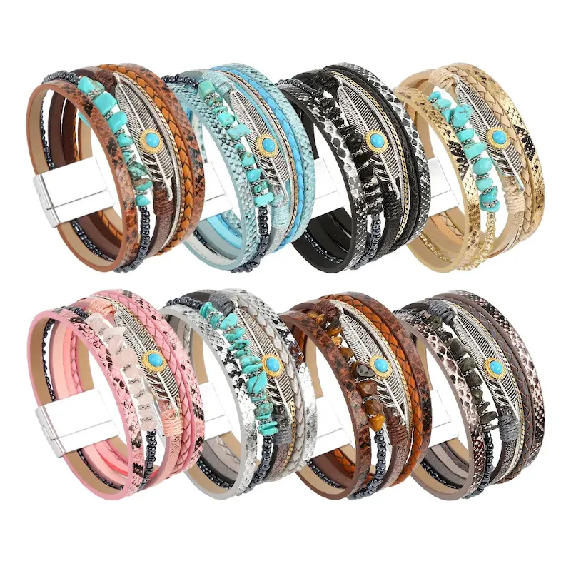 Wholesale Women Fashion Boho Multi-Layer Plant Leaf Gravel Natural Stone Bracelet - Image 3