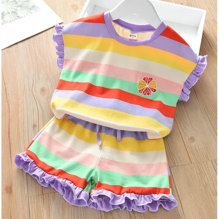 Wholesale Girl'S Fashion Rainbow Stripe Print Ruffled Shorts Two-Piece Set - Image 8