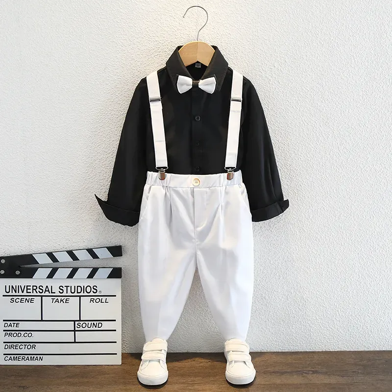 Wholesale Kids Toddler Big Boys Spring Autumn Fashion Casual British Style Bow Shirt Suspender Trousers Party Clothing Set