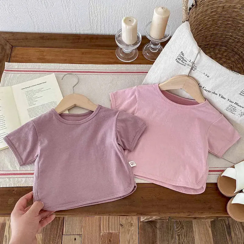 Wholesale Kids Baby Fashion Casual Solid Color Cotton Round Neck Short-Sleeve T-Shirt - Image 2