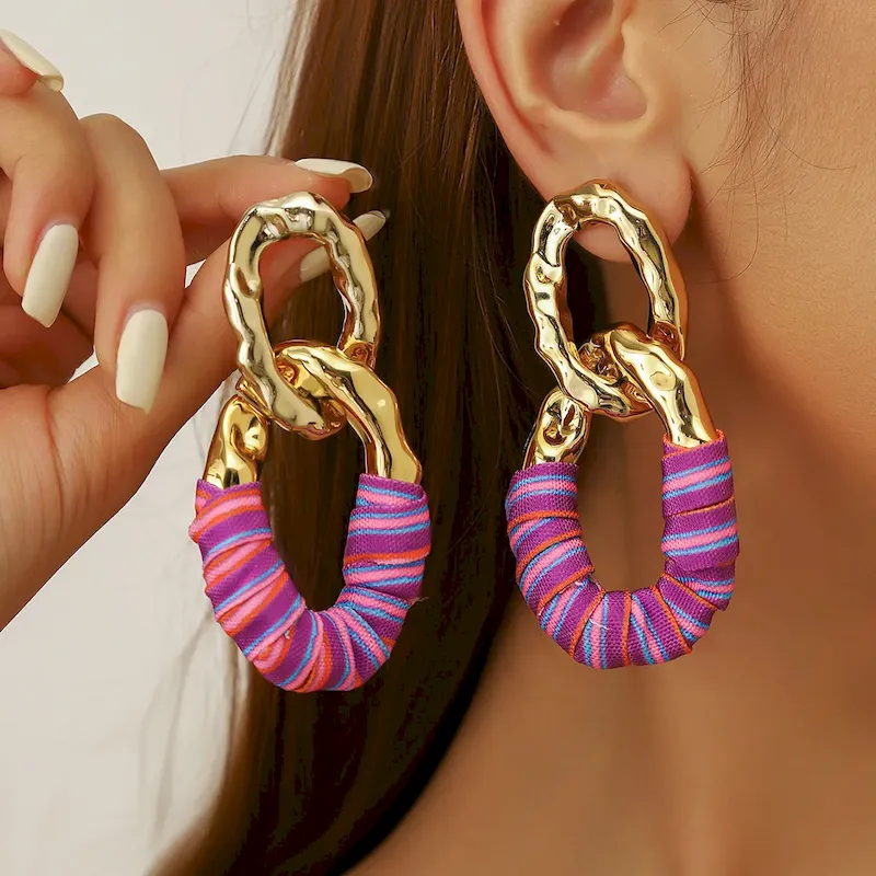 Wholesale Women Fashion Exaggerated Pleated Oval Faux Leather Wrap Denim Earrings - Image 13