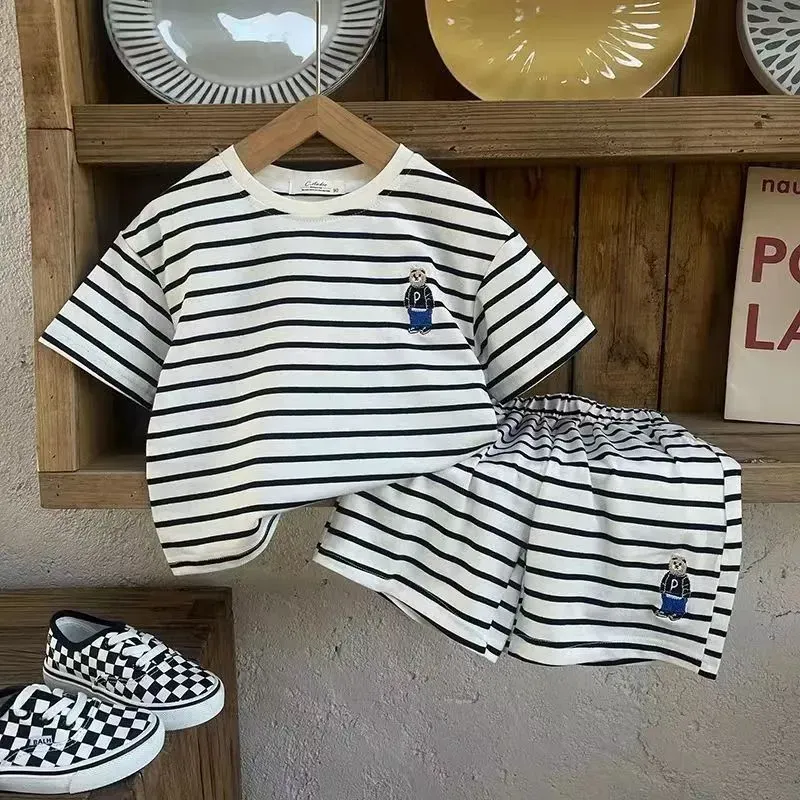 Wholesale Boy'S Fashion Casual Stripe Bear Short-Sleeve T-Shirt Loose Shorts Two-Piece Set
