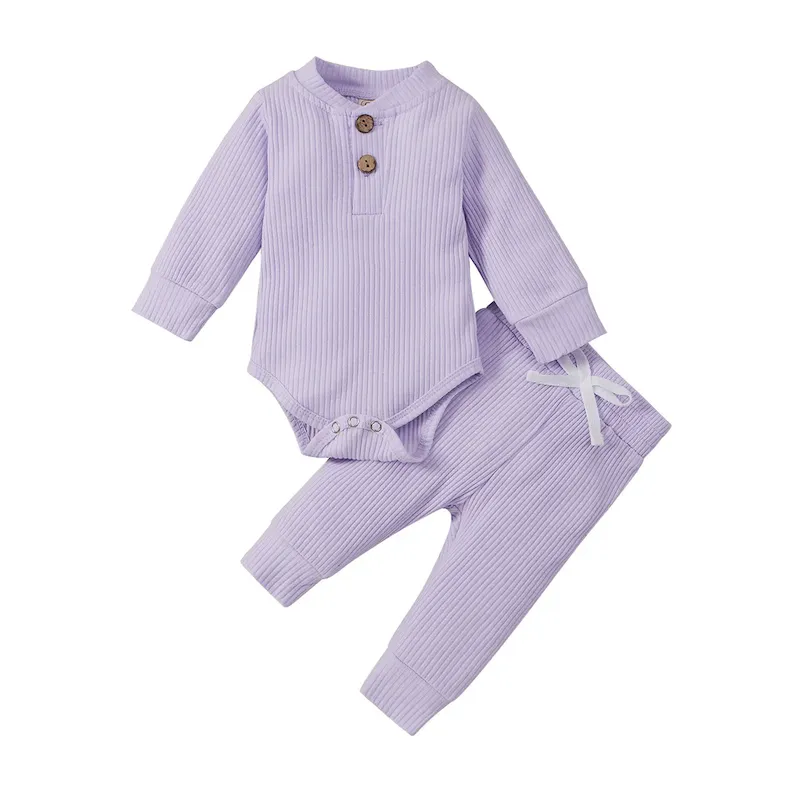 Wholesale Kids Bys And Girls Autumn And Winter Solid Color Stripes Long-Sleeve Bodysuits Drawstring Pants Two-Piece Set - Image 7
