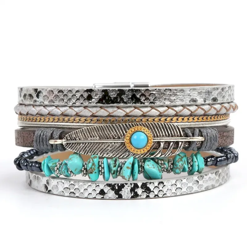Wholesale Women Fashion Boho Multi-Layer Plant Leaf Gravel Natural Stone Bracelet - Image 7