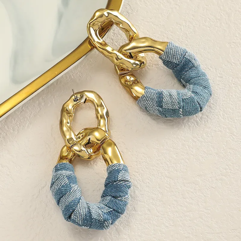 Wholesale Women Fashion Exaggerated Pleated Oval Faux Leather Wrap Denim Earrings - Image 5