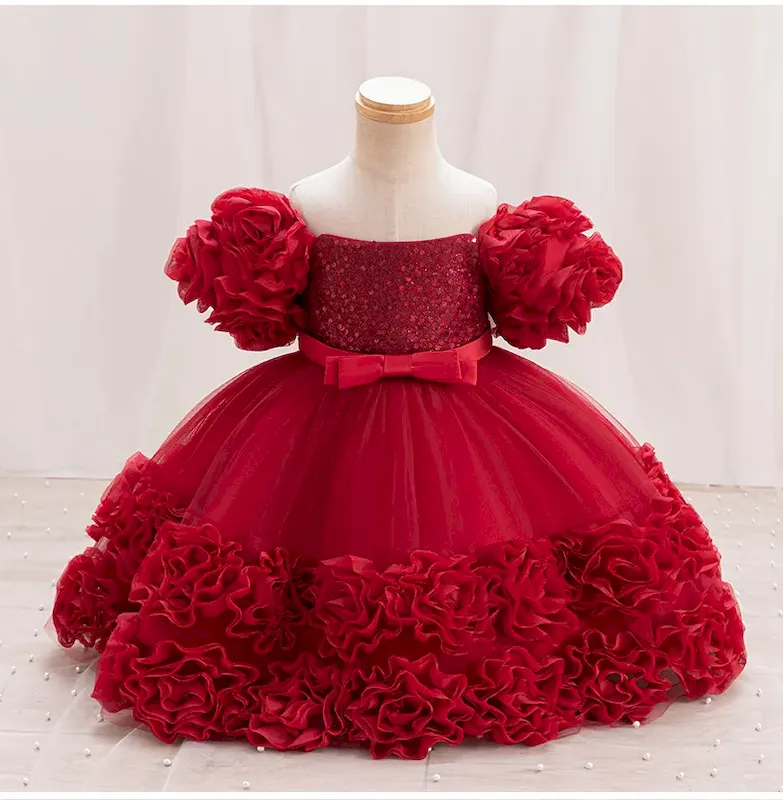 Wholesale Kids Girl'S Fashion Elegant Sequin Flower Mesh Short-Sleeve Party Princess Dress