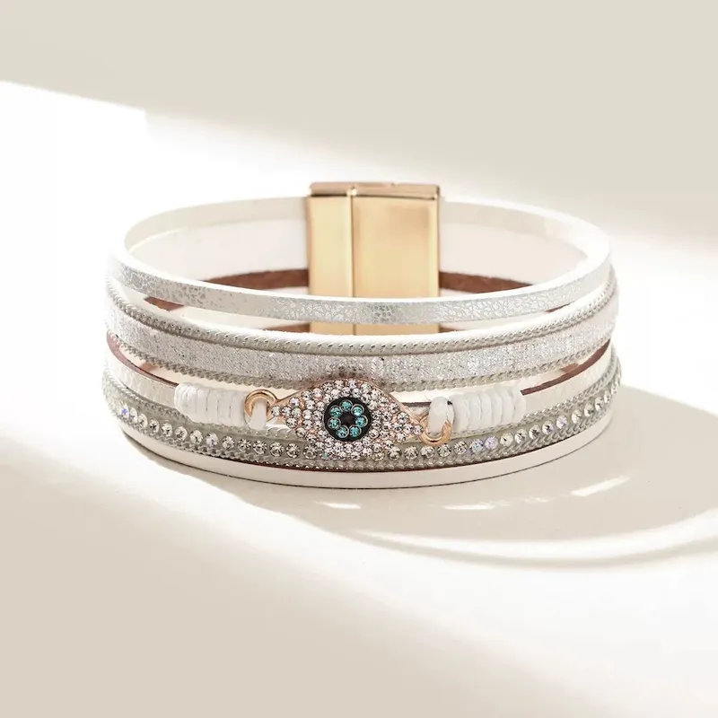 Wholesale Women Fashion Multi-Layer Leather Rhinestone Devil'S Eye Bracelet