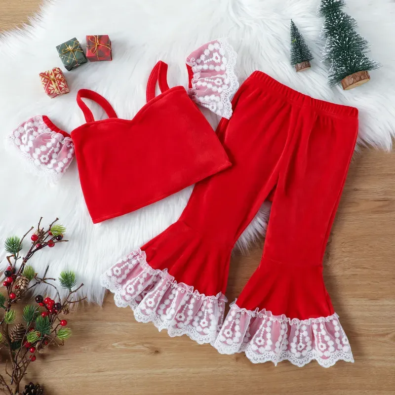 Wholesale Christmas Children Kids Toddler Girls Sweet Lace Ruffle Sleeves Tops And Flared Pants 2pcs Set