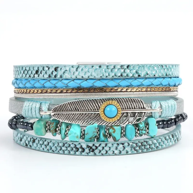Wholesale Women Fashion Boho Multi-Layer Plant Leaf Gravel Natural Stone Bracelet - Image 8