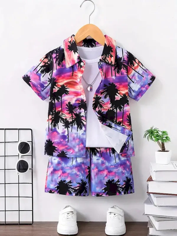 Wholesale Boys' Fashion Heart Print Short Sleeve Shirt And Shorts Two-Piece Set - Image 28