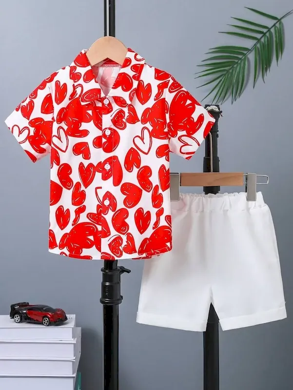 Wholesale Boys' Fashion Heart Print Short Sleeve Shirt And Shorts Two-Piece Set - Image 11