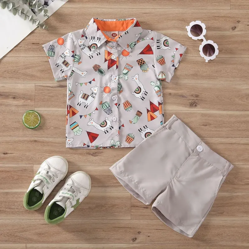 Wholesale Boy Fashion Casual Printed Lapel Short Sleeve Blouse Loose Shorts Two-Piece Set
