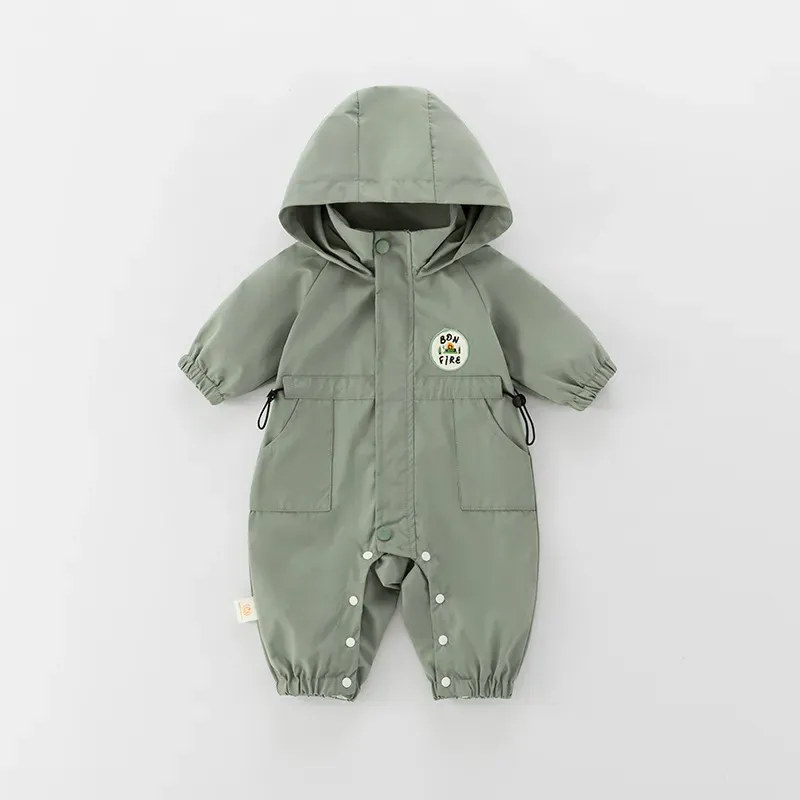 Wholesale Baby Boy Solid Color Hoodied Cargo Rompers - Image 5