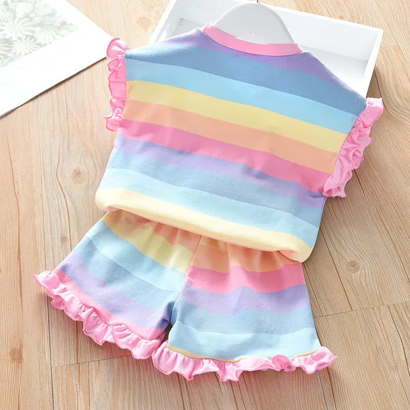 Wholesale Girl'S Fashion Rainbow Stripe Print Ruffled Shorts Two-Piece Set - Image 4