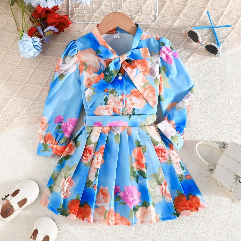 Wholesale Kids Girls Fashion Casual Flower Printed Lapel Long-Sleeve Shirts Pleated Skirts Two-Piece Set