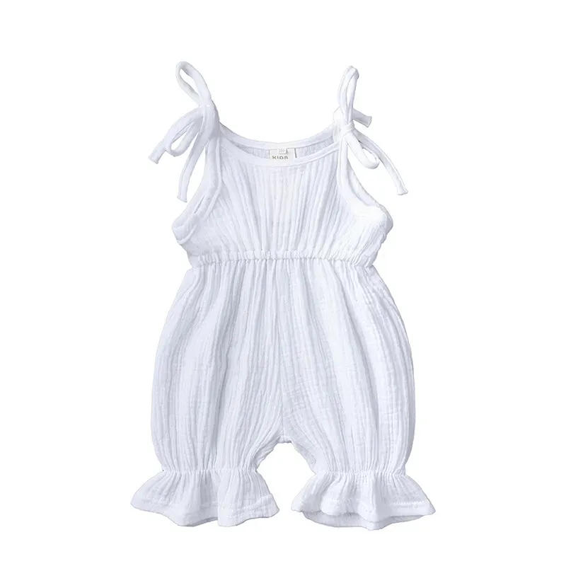 Wholesale Baby Girls Crease Solid Color Lace-up Romper - Image 9