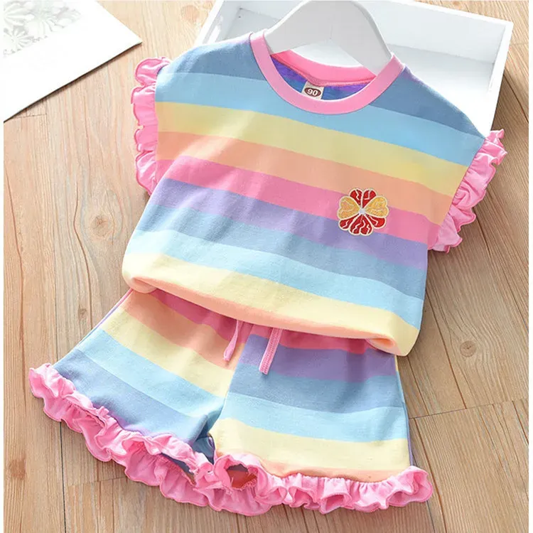 Wholesale Girl'S Fashion Rainbow Stripe Print Ruffled Shorts Two-Piece Set - Image 7