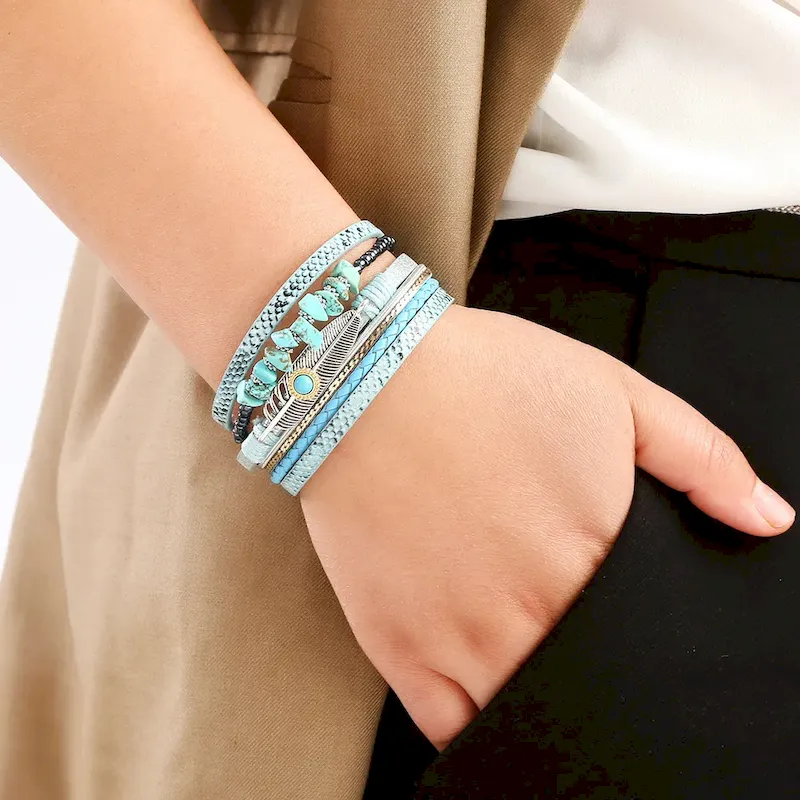 Wholesale Women Fashion Boho Multi-Layer Plant Leaf Gravel Natural Stone Bracelet - Image 5