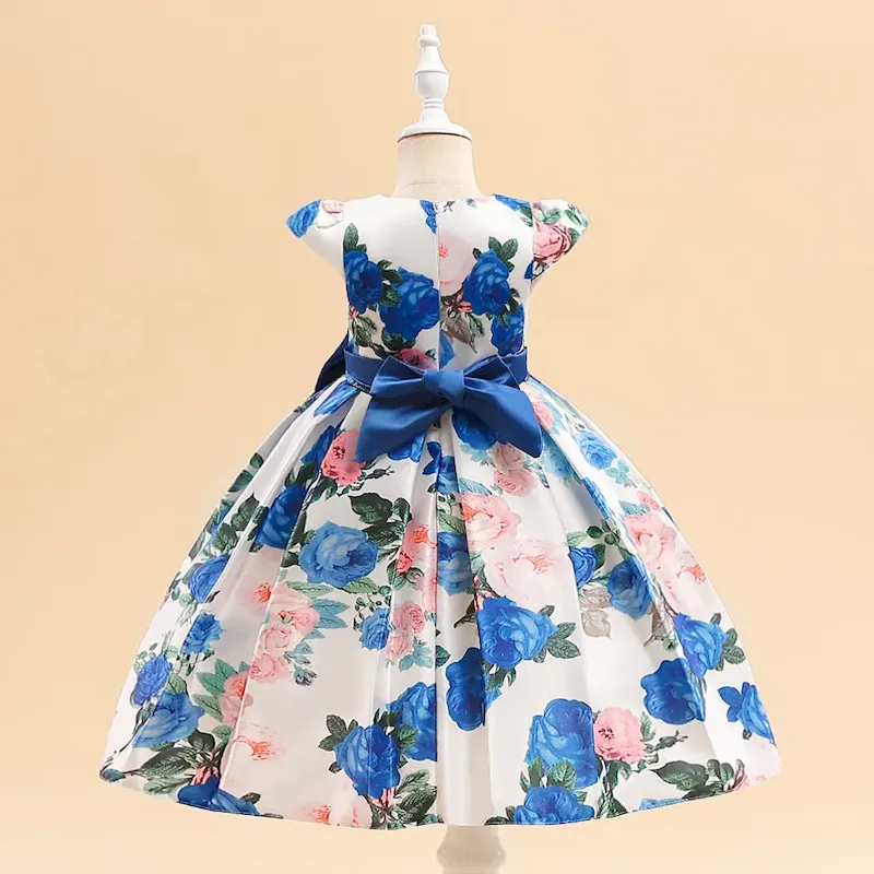 Wholesale Kids Girl'S Fashion Elegant Satin Floral Printed Bowknot Puff Sleeve Dress - Image 3