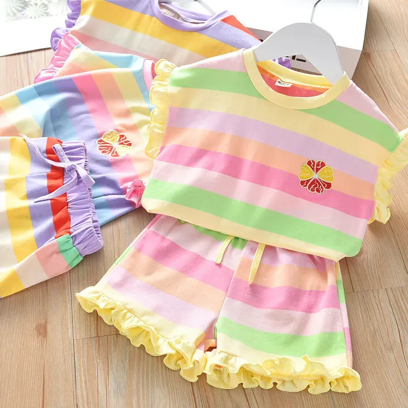 Wholesale Girl'S Fashion Rainbow Stripe Print Ruffled Shorts Two-Piece Set - Image 5
