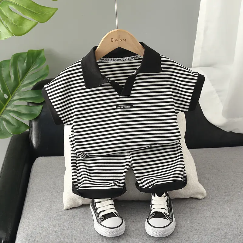 Wholesale Kids Toddler Boys Casual Cute Stripe Print Short Sleeve Lapel POLO Shirt Shorts Set