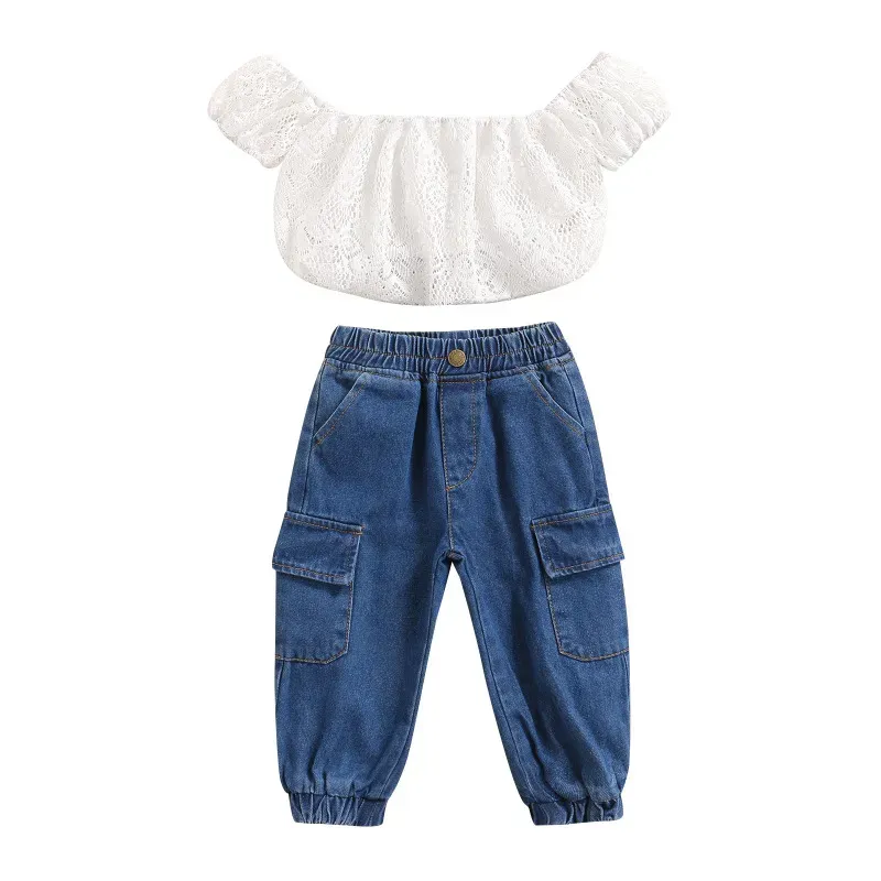 Wholesale Girls Simple Solid Color Short Sleeve Hollow Out Top And Denim Pants Set