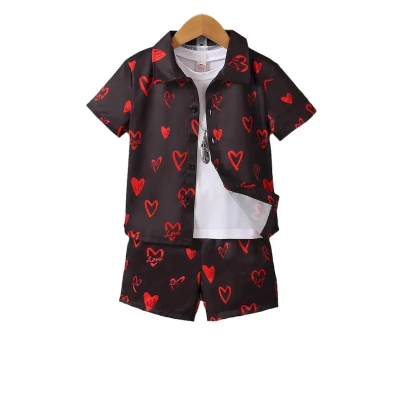 Wholesale Boys' Fashion Heart Print Short Sleeve Shirt And Shorts Two-Piece Set - Image 5