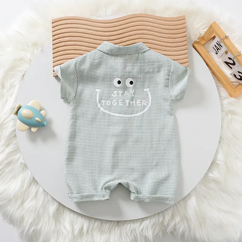 Wholesale Kids Baby Boys Casual Cute Playid Print Short Sleeve Lapel Romper - Image 3