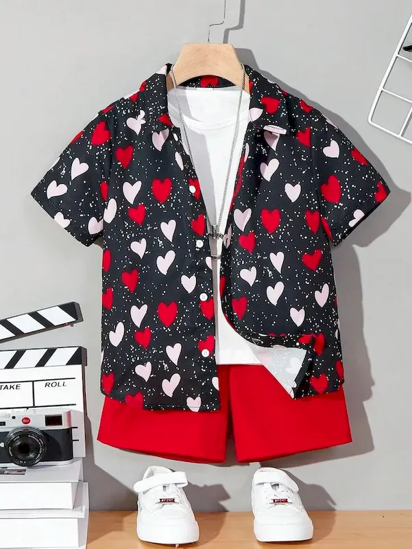 Wholesale Boys' Fashion Heart Print Short Sleeve Shirt And Shorts Two-Piece Set - Image 6