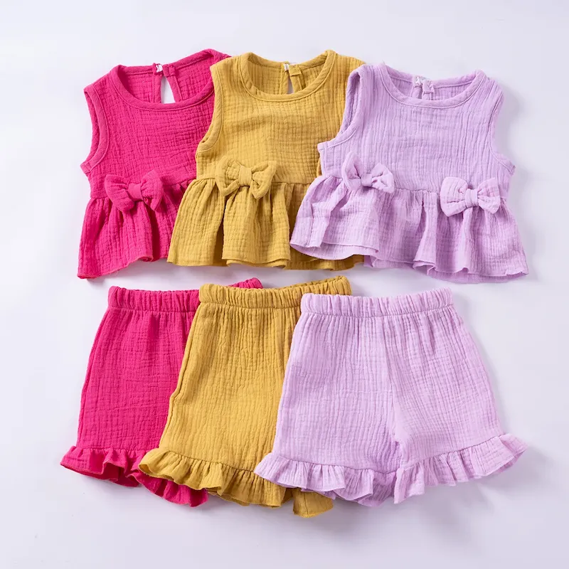 Wholesale Summer Girls Sweet Cute Bow Cotton Tank Top Shorts Ruffled Set