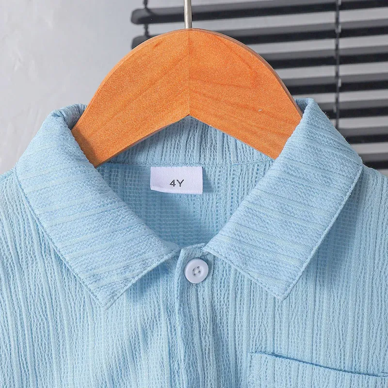 Wholesale Boys Fashion Solid Color Short Sleeve Shirt And Shorts Two-Piece Handsome - Image 3