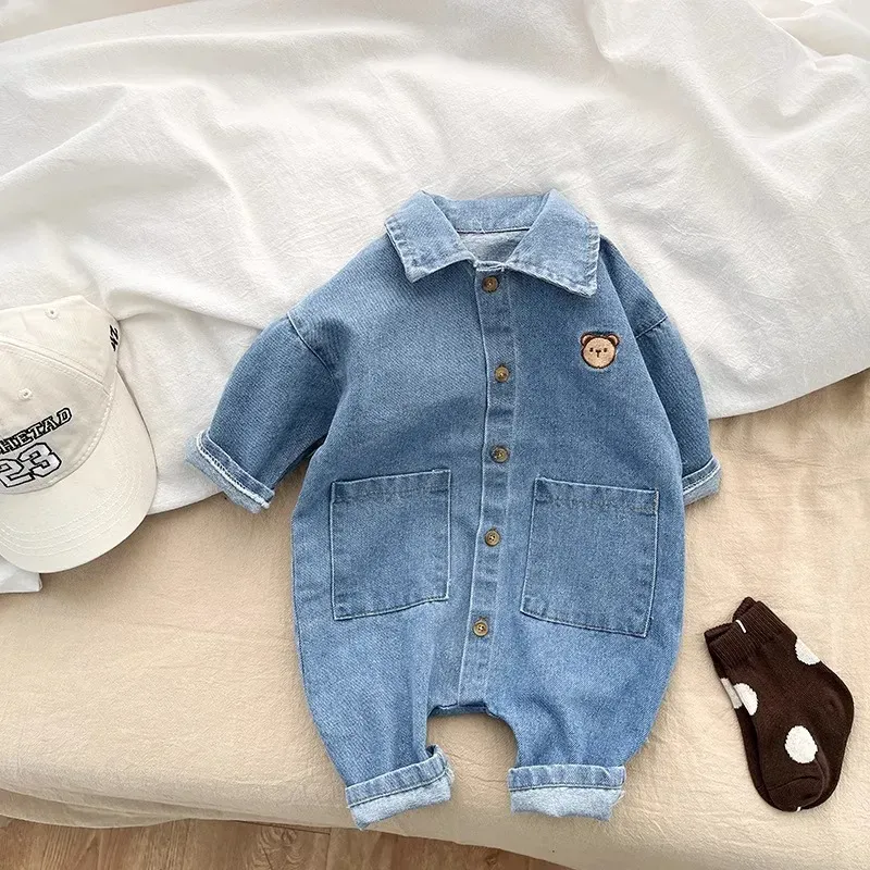 Wholesale Baby Girls Boys Bear Embroidery Short Sleevv Denim Rompers - Image 6