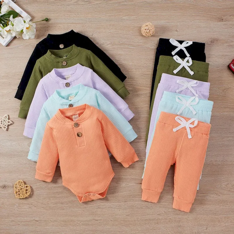 Wholesale Kids Bys And Girls Autumn And Winter Solid Color Stripes Long-Sleeve Bodysuits Drawstring Pants Two-Piece Set - Image 2