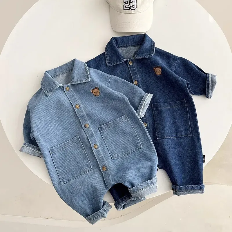 Wholesale Baby Girls Boys Bear Embroidery Short Sleevv Denim Rompers