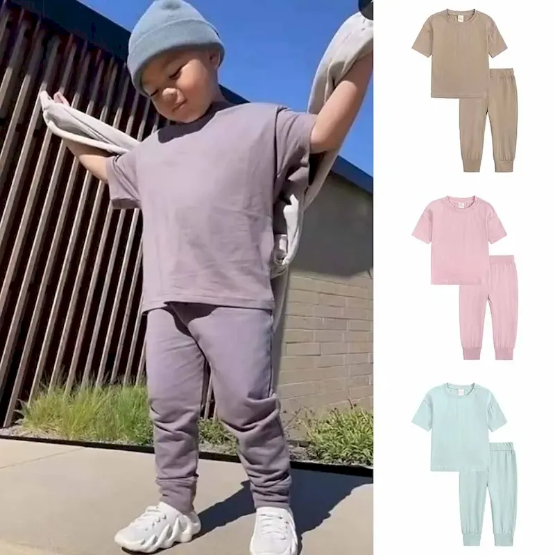 Wholesale Kids Toddler Boys Girls Casual Solid Color Short Sleeve T-Shirt Trousers Sets