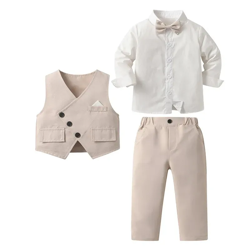 Wholesale Kids Boys Fashion Spring And Autumn Lapel Long Sleeve Blouse Vest Slim Fit Pants Three-Piece Set - Image 6