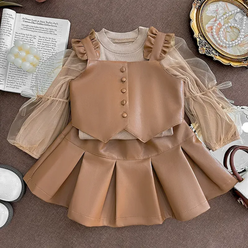 Wholesale Kids Girl'S Fashion Retro Leather Stitching Mesh Long-Sleeve Top Pleated Skirts Two-Piece Set