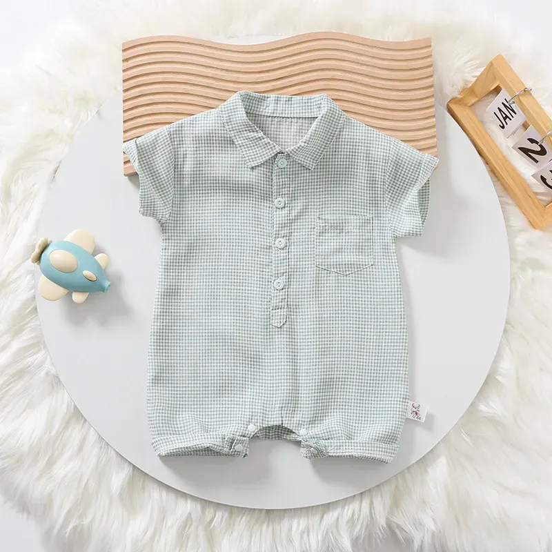 Wholesale Kids Baby Boys Casual Cute Playid Print Short Sleeve Lapel Romper - Image 7