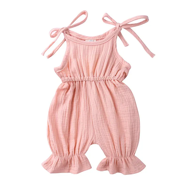 Wholesale Baby Girls Crease Solid Color Lace-up Romper - Image 23