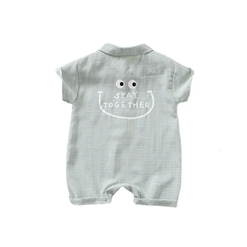 Wholesale Kids Baby Boys Casual Cute Playid Print Short Sleeve Lapel Romper - Image 6