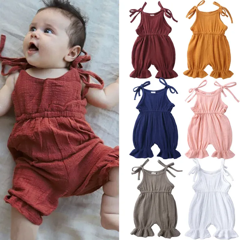 Wholesale Baby Girls Crease Solid Color Lace-up Romper