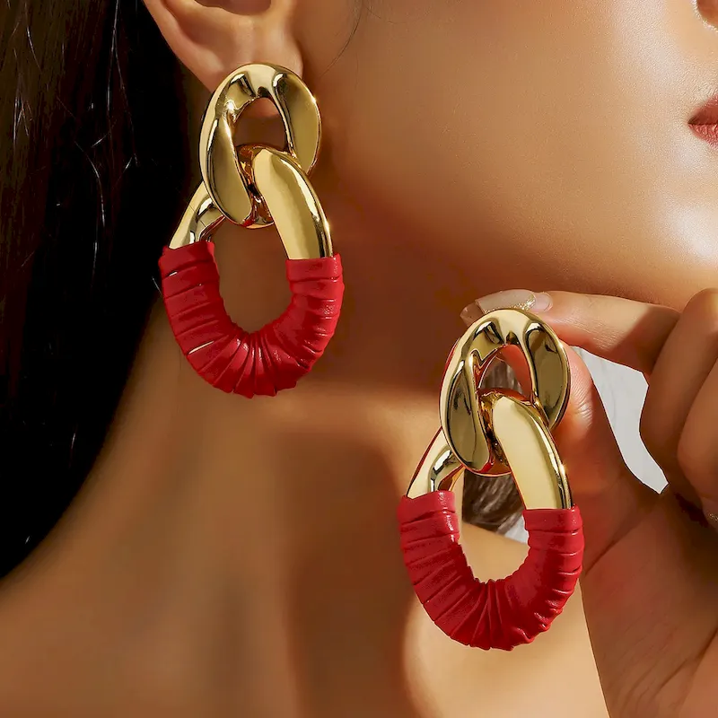 Wholesale Women Fashion Exaggerated Pleated Oval Faux Leather Wrap Denim Earrings - Image 9